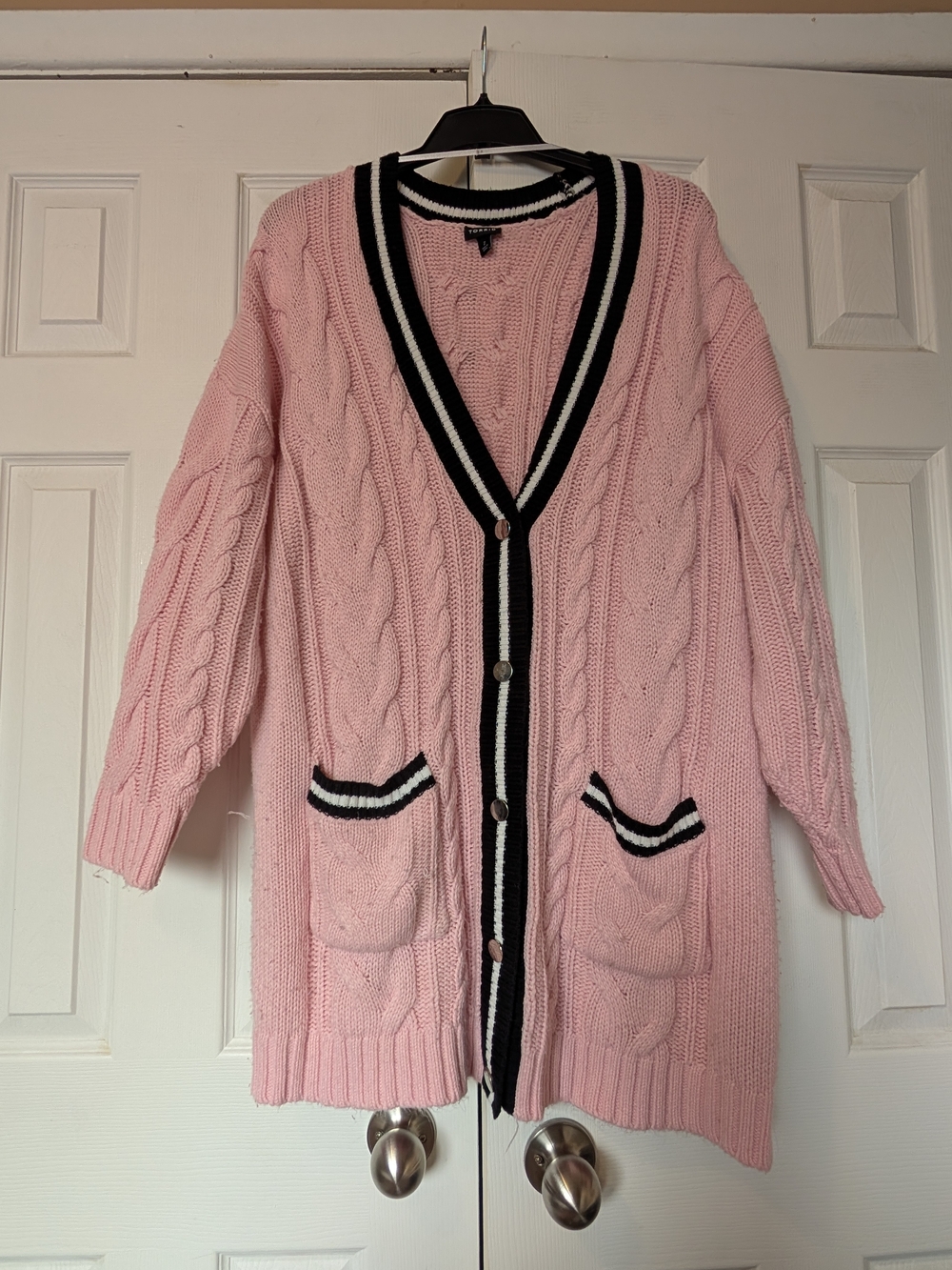 Torrid Cable Knit Pink Cardigan Sweater with Contrast Trim